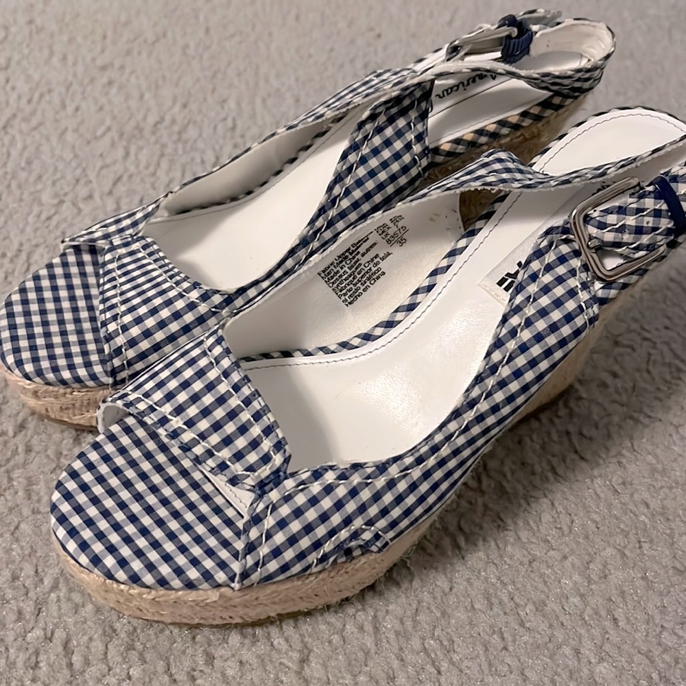 NWT Blue Checkered American Eagle Wedge Peeptoe Slingback Sandals
